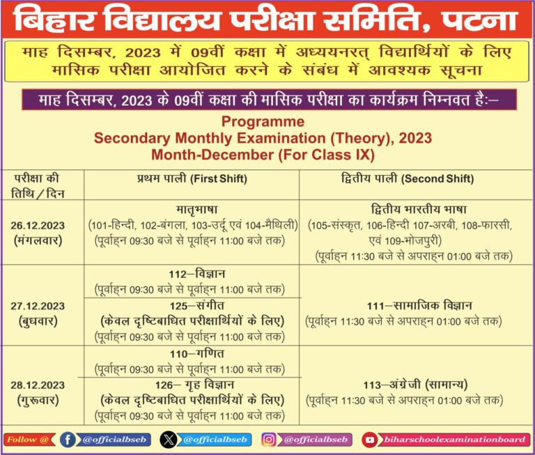 Bihar Board 9th English December Monthly Exam Answer key 2024