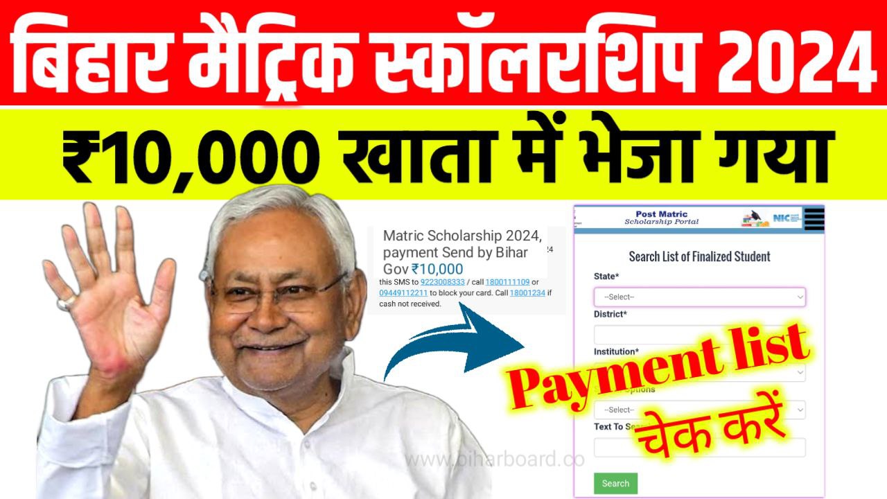 Bihar Board Matric Pass Scholarship Payment list 2024
